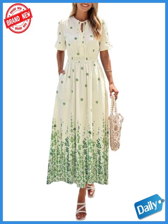 Dresses & Skirts - Boho Floral Maxi Dress Short Sleeve Tie V-Neck with Pockets